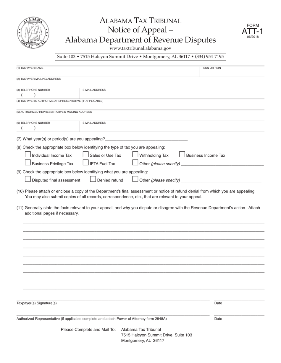 Form ATT-1 Notice of Appeal - Alabama Department of Revenue Disputes - Alabama, Page 1