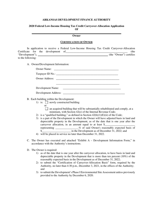 Federal Low-Income Housing Tax Credit Carryover-Allocation Application - Arkansas Download Pdf