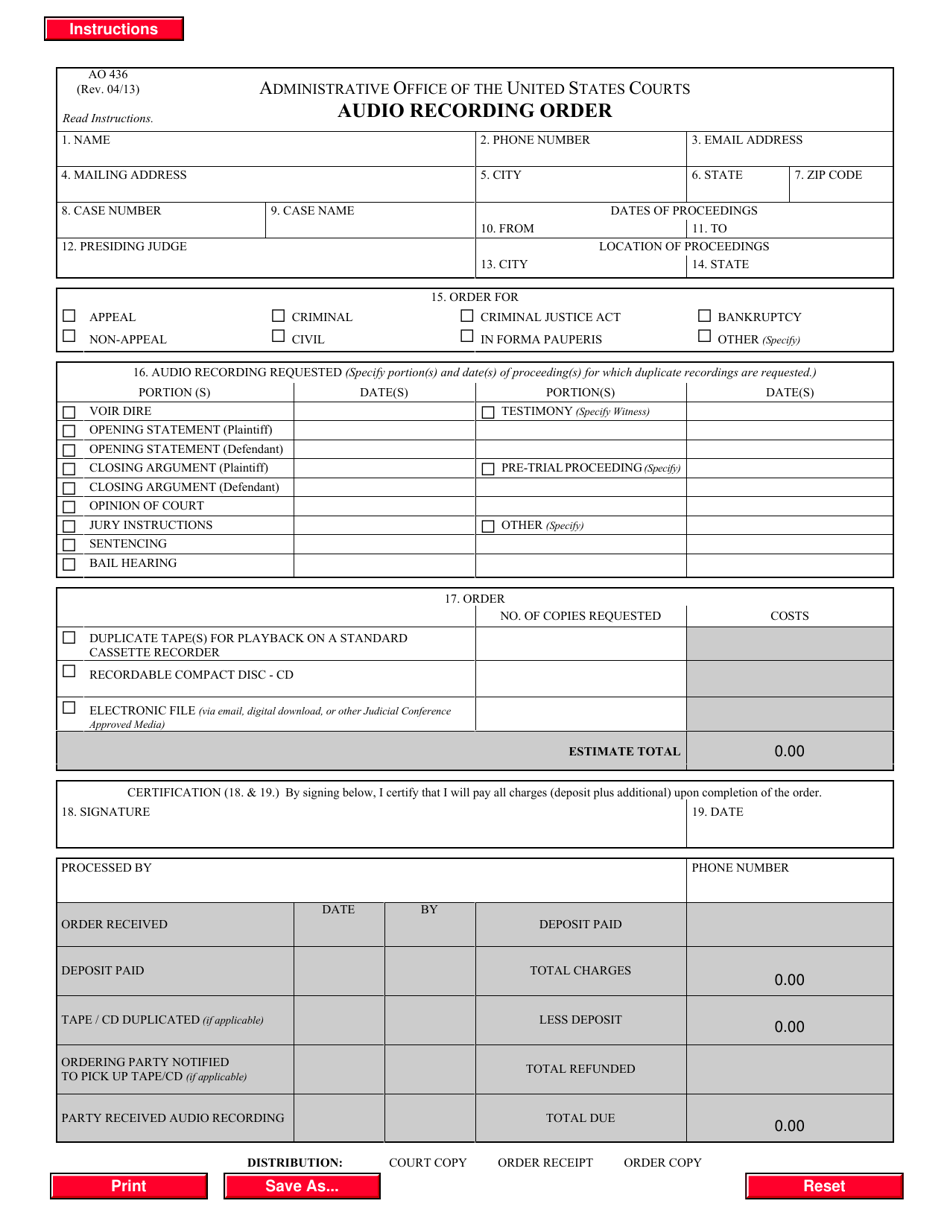 Form AO436 Audio Recording Order, Page 1