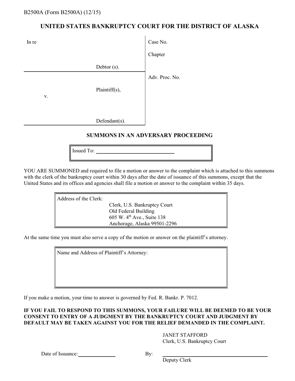 Form B2500A Summons in an Adversary Proceeding - Alaska, Page 1