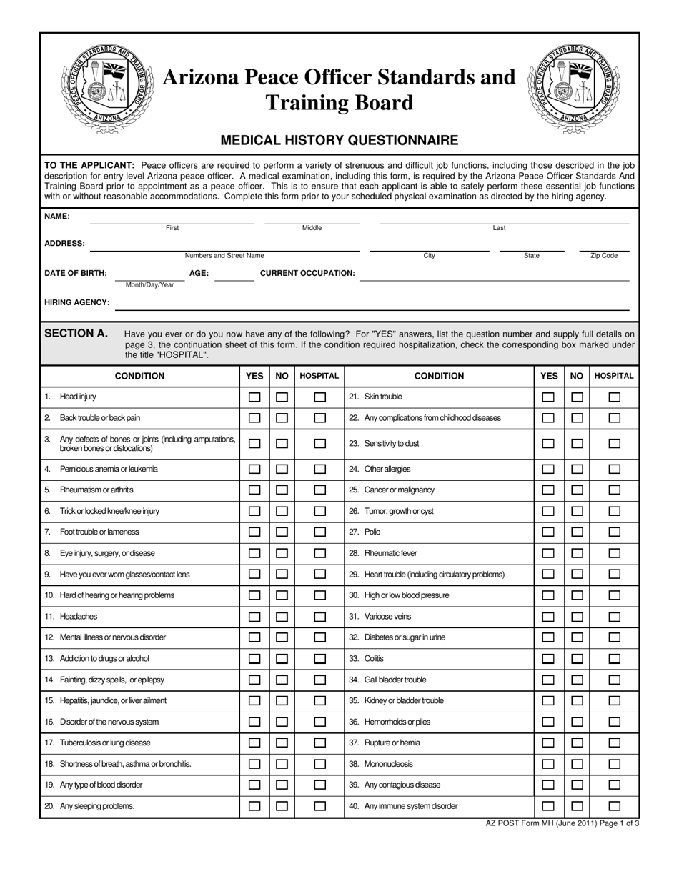 AZPOST Form MH Medical History Questionnaire - Arizona, Page 1