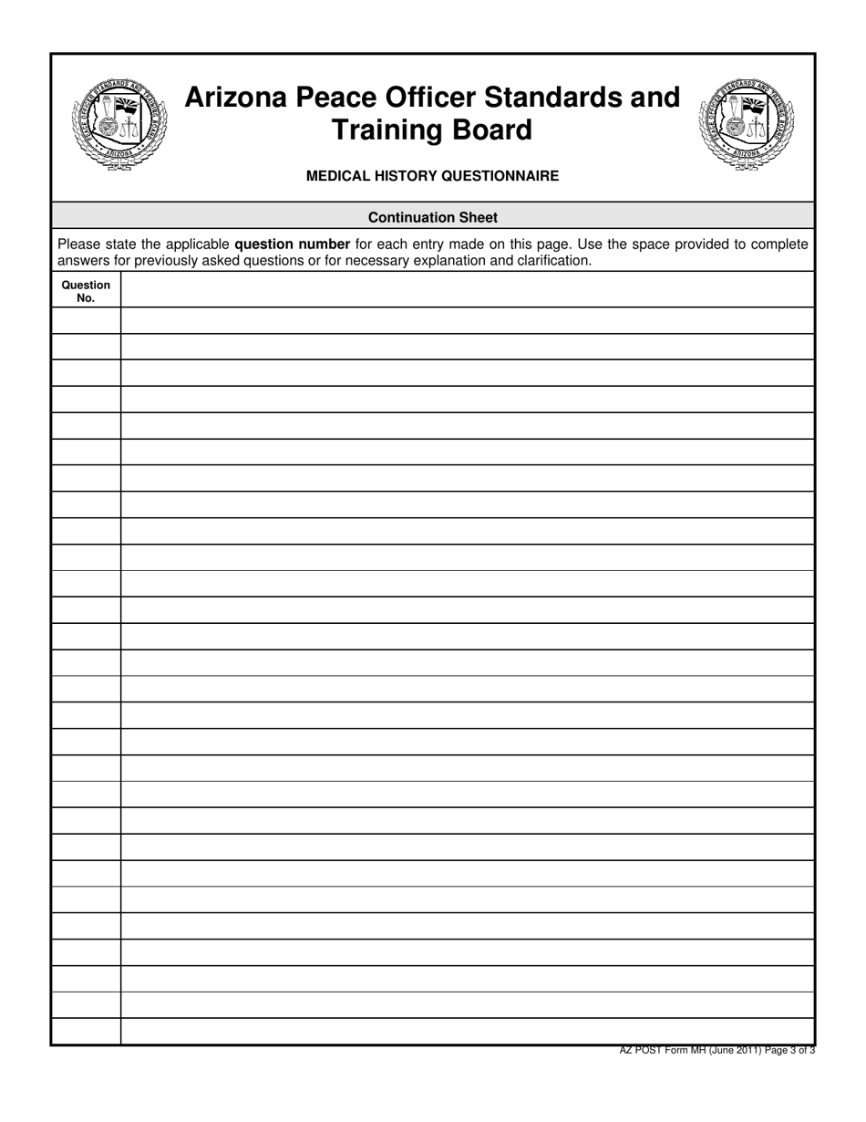 AZPOST Form MH Medical History Questionnaire - Arizona, Page 3