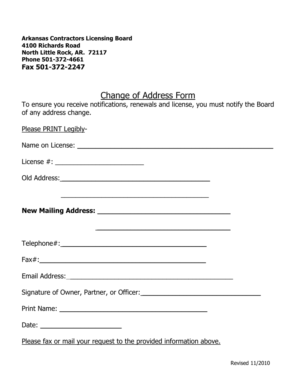 Change of Address Form - Arkansas, Page 1
