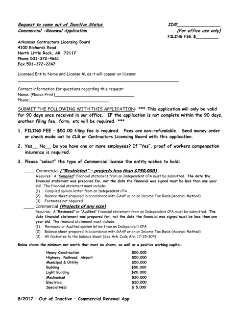 Request to Come out of Inactive Status - Commercial Renewal Application - Arkansas Download Pdf