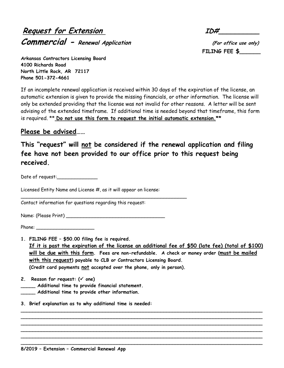 Request for Extension - Commercial Renewal Application - Arkansas, Page 1