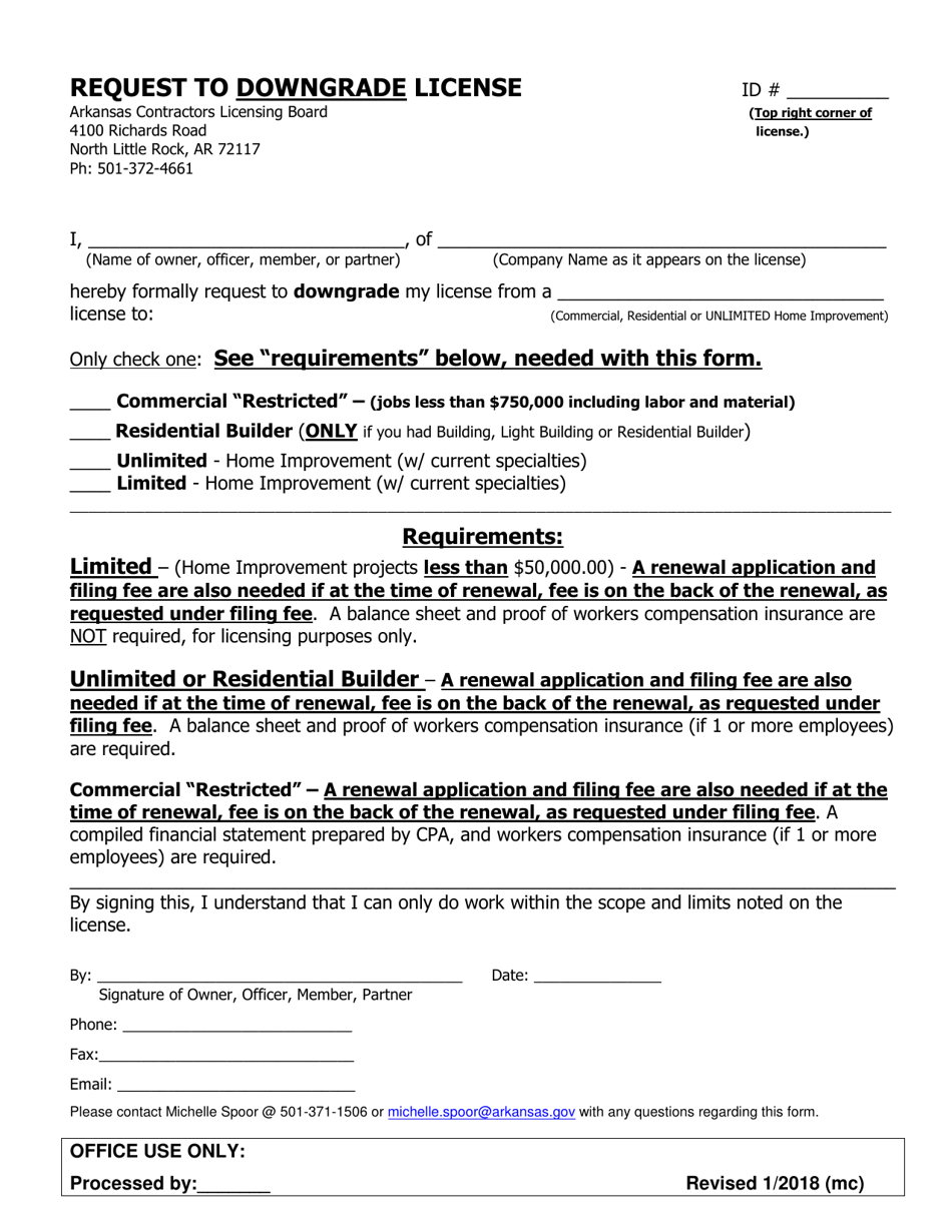 Request to Downgrade License - Arkansas, Page 1