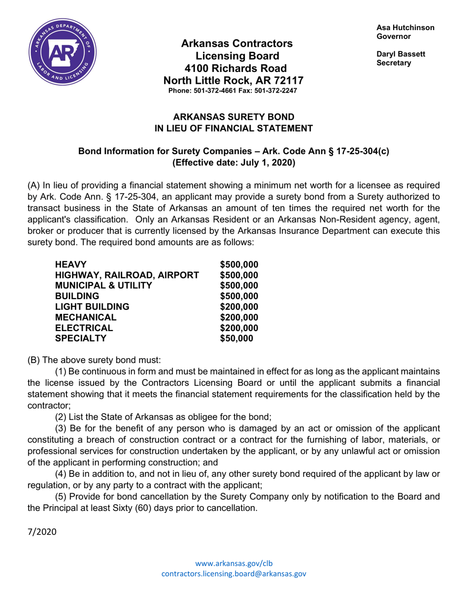 Arkansas Arkansas Surety Bond in Lieu of Financial Statement Download