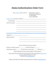 Alaska Authentications Order Form - Alaska