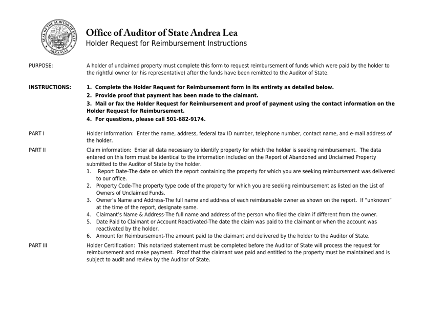Instructions for Holder Request for Reimbursement - Arkansas