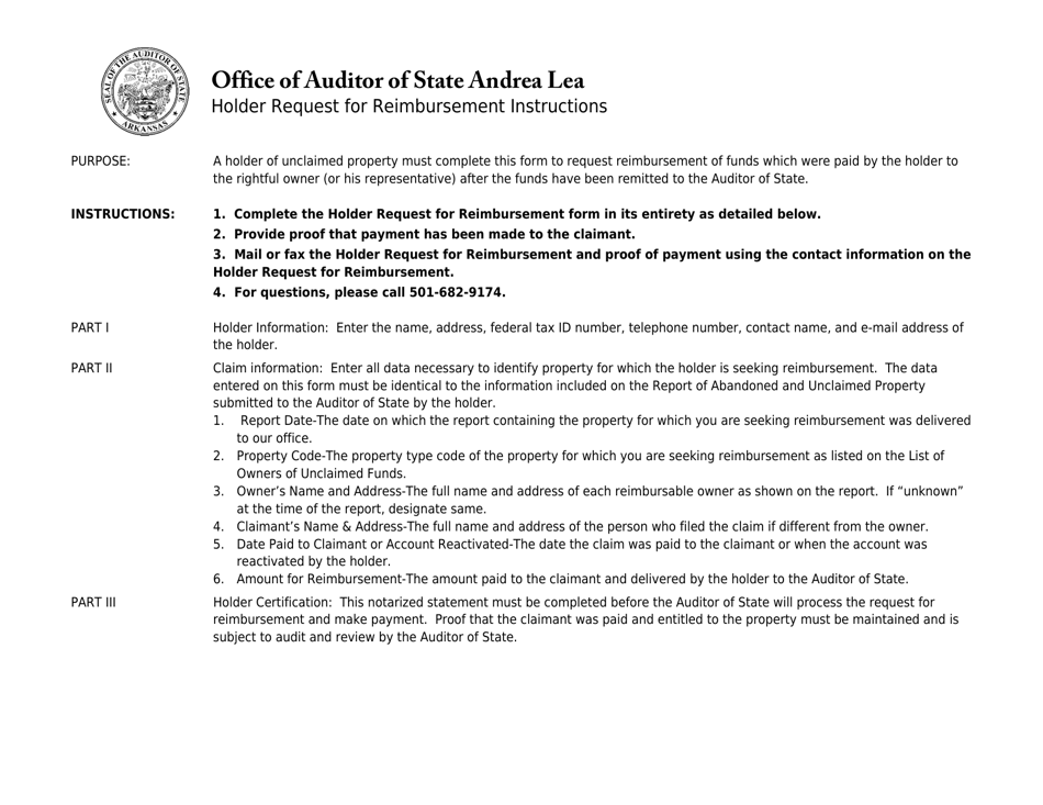 Instructions for Holder Request for Reimbursement - Arkansas, Page 1