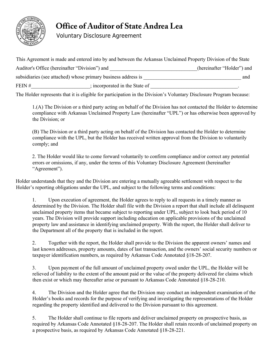 Voluntary Disclosure Agreement - Arkansas, Page 1