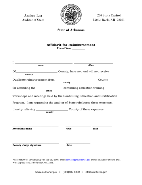 Affidavit for Reimbursement - Arkansas Download Pdf