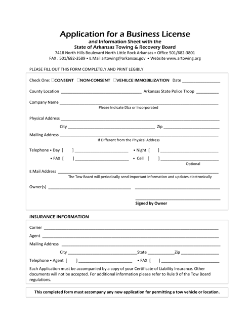 Application for a Business License and Information Sheet With the State of Arkansas Towing & Recovery Board - Arkansas Download Pdf