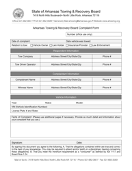 Arkansas Towing &amp; Recovery Board Complaint Form - Arkansas