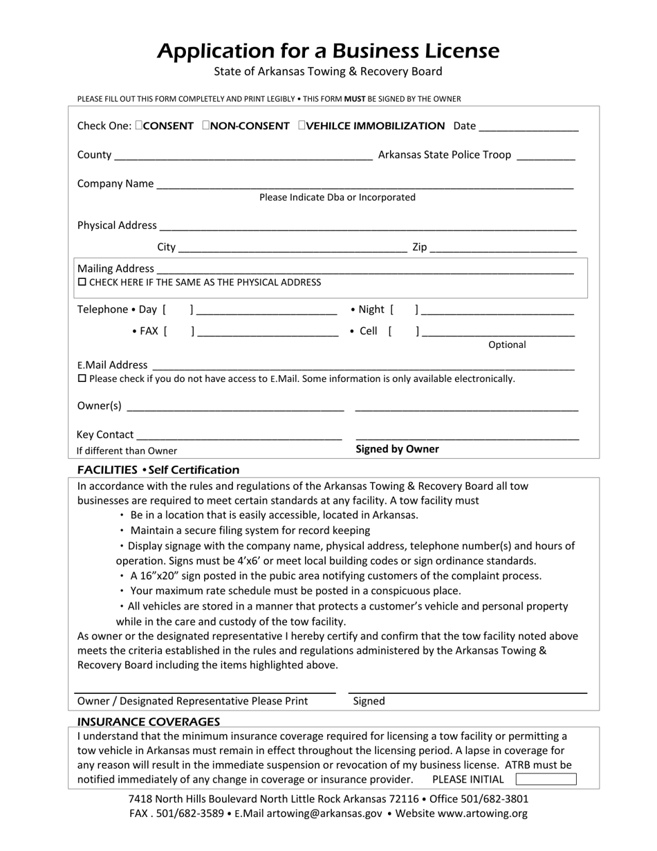 Application for a Business License - Arkansas, Page 1
