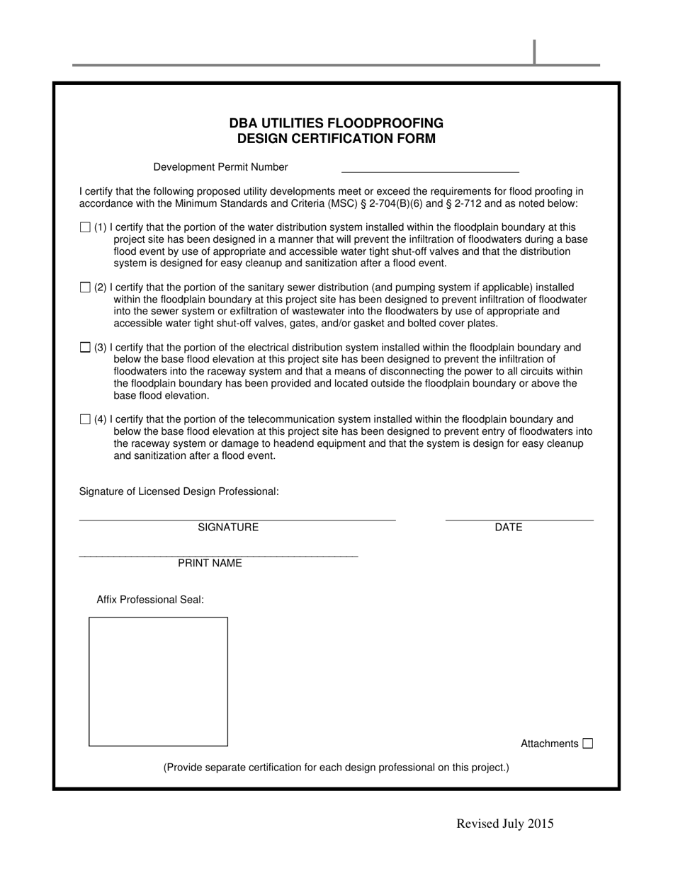 Dba Utilities Floodproofing Design Certification Form - Arkansas, Page 1