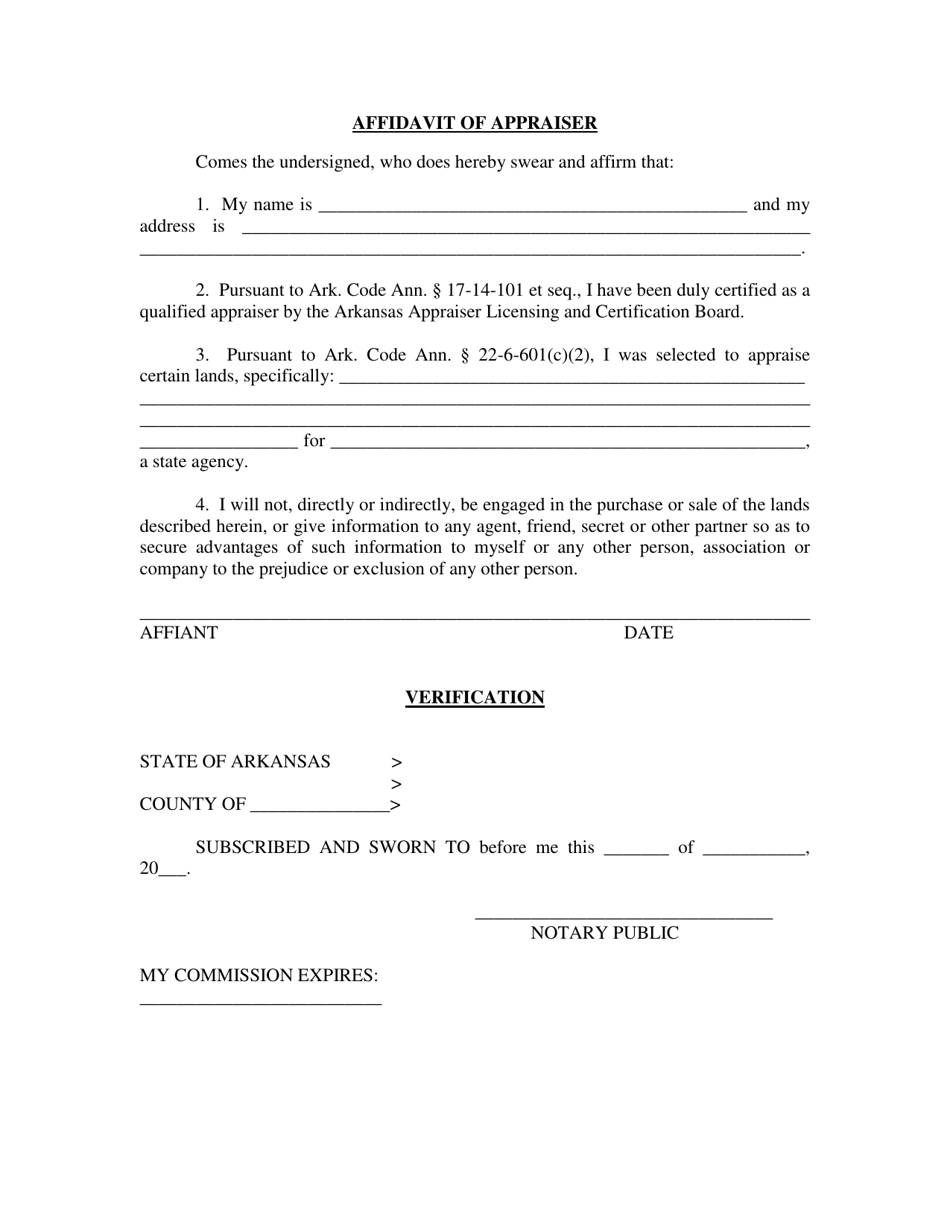 Affidavit of Appraiser - Arkansas, Page 1