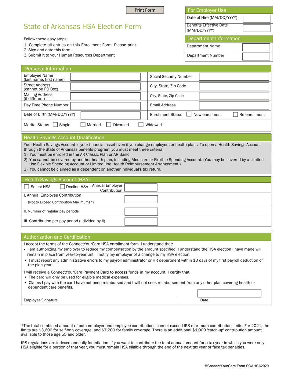 State of Arkansas Hsa Election Form - Arkansas, Page 1