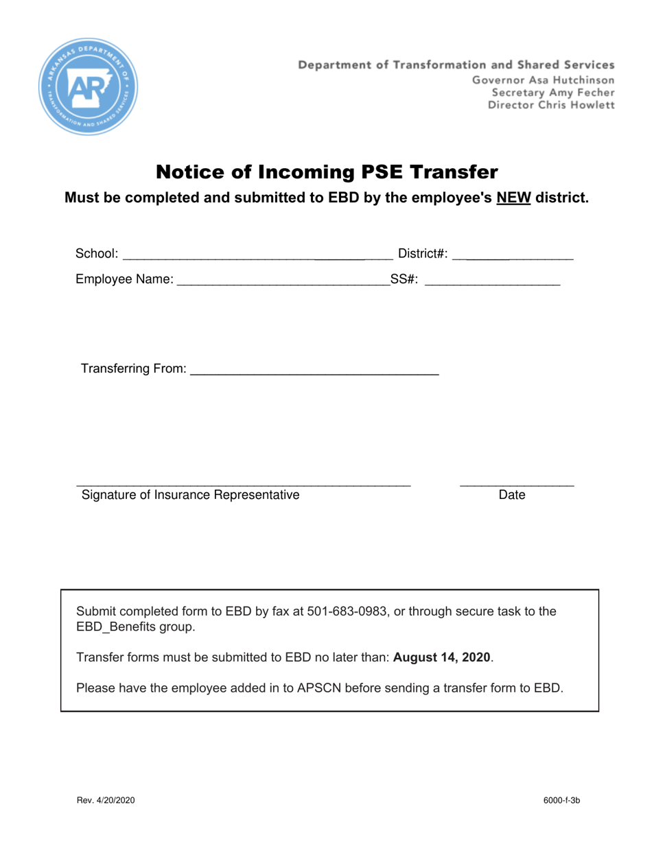 Notice of Incoming Pse Transfer - Arkansas, Page 1