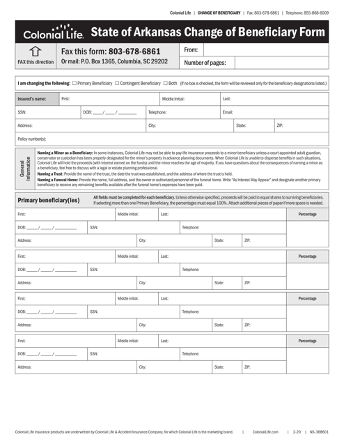 Colonial Life State of Arkansas Change of Beneficiary Form - Arkansas Download Pdf