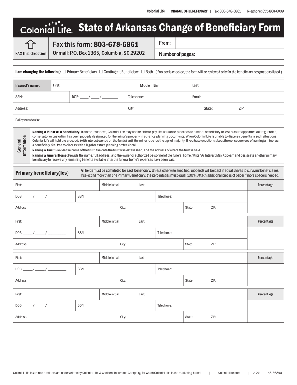 Colonial Life State of Arkansas Change of Beneficiary Form - Arkansas, Page 1