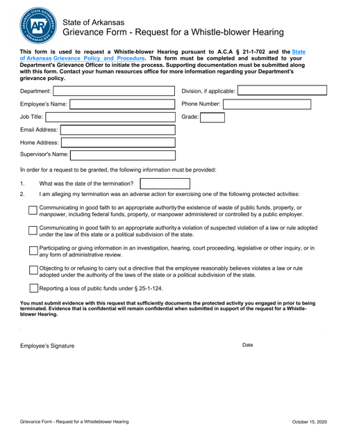 Grievance Form - Request for a Whistle-Blower Hearing - Arkansas