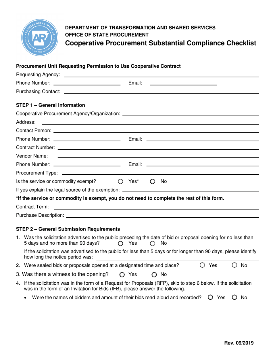Cooperative Procurement Substantial Compliance Checklist - Arkansas, Page 1