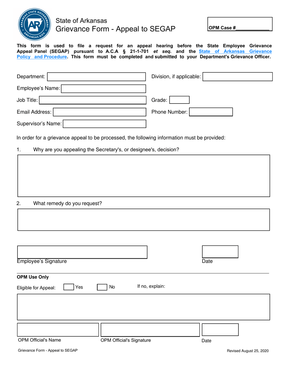 Grievance Form - Appeal to Segap - Arkansas, Page 1