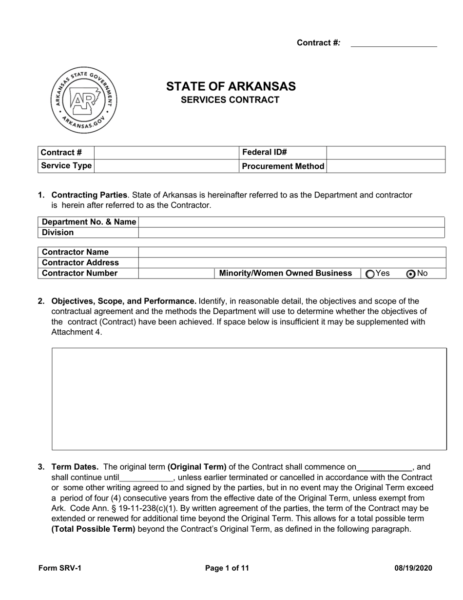 Form SRV-1 Services Contract - Arkansas, Page 1