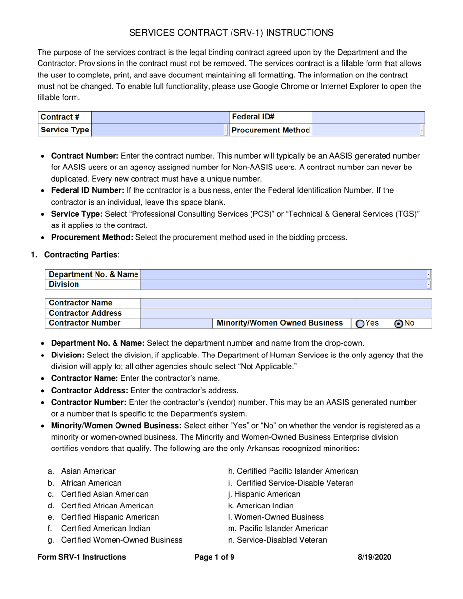 Instructions for Form SRV-1 Services Contract - Arkansas, Page 1