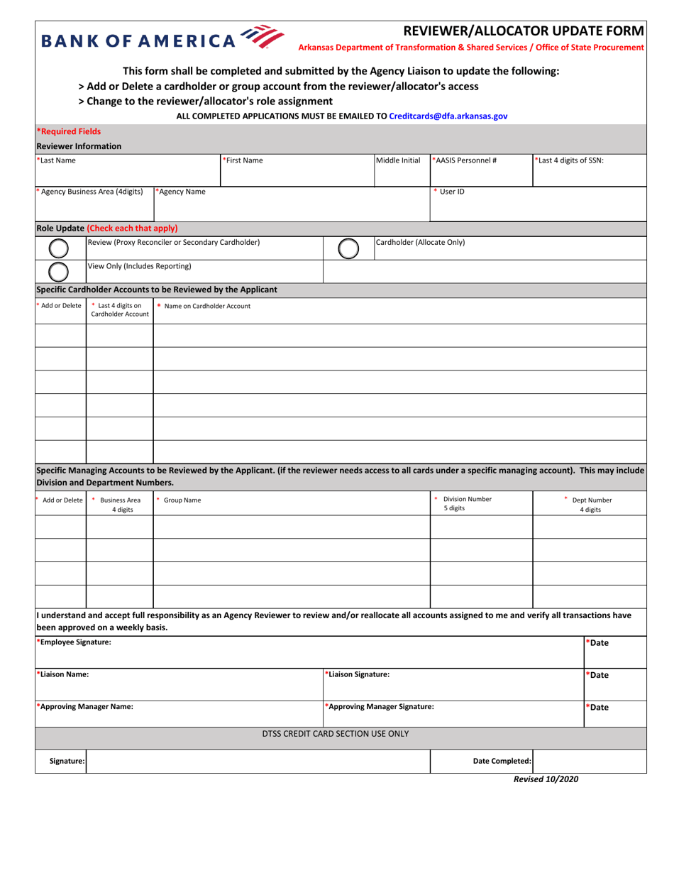 Reviewer / Allocator Update Form - Bank of America - Arkansas, Page 1