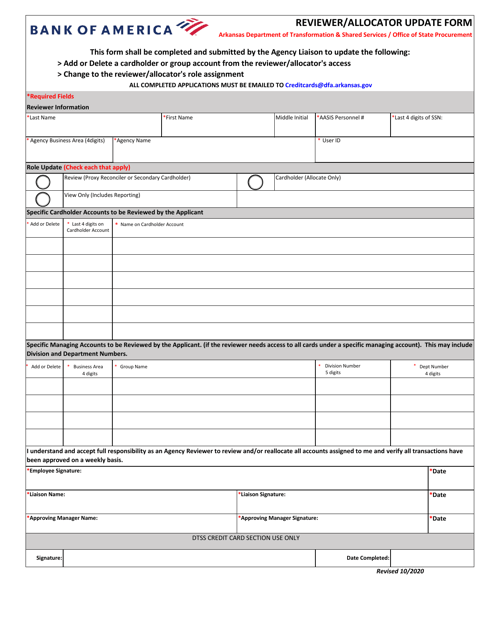 Reviewer / Allocator Update Form - Bank of America - Arkansas Download Pdf