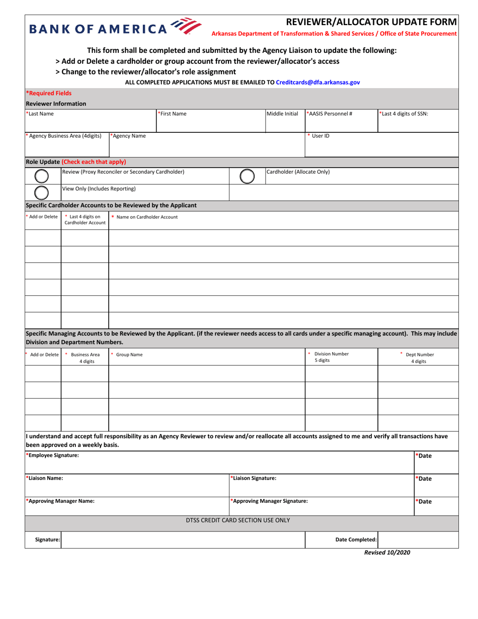 Arkansas Reviewer/Allocator Update Form - Bank of America Download ...