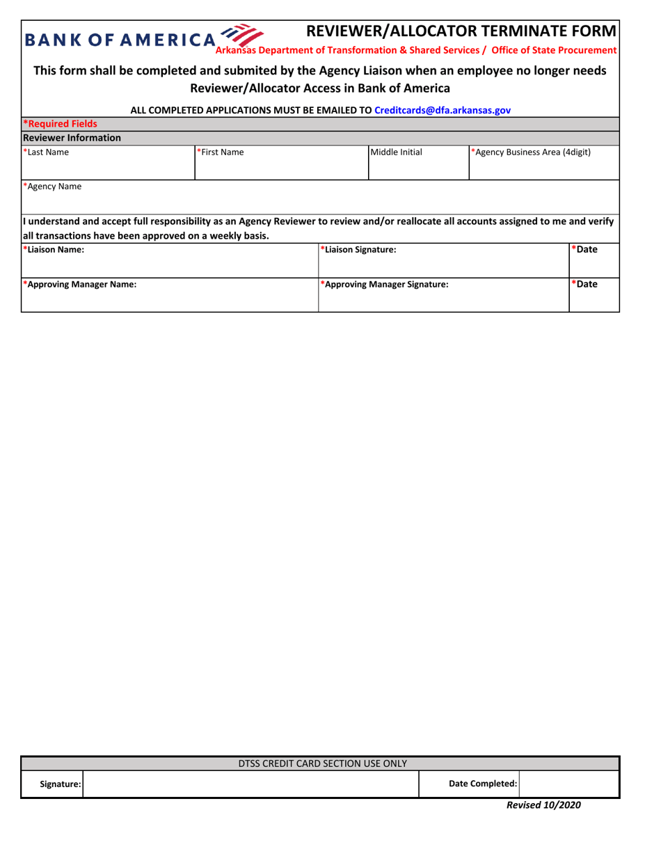 Reviewer / Allocator Terminate Form - Bank of America - Arkansas, Page 1