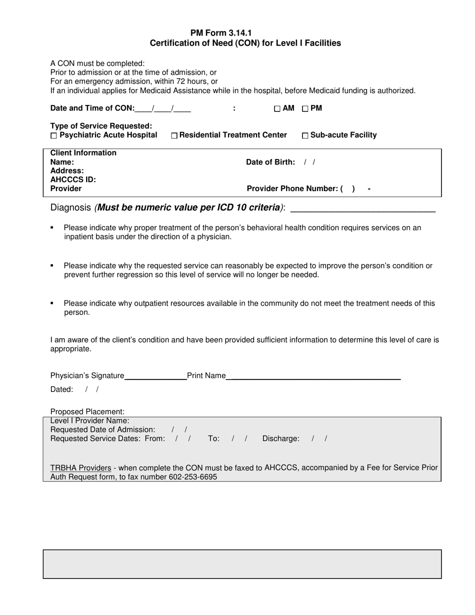 PM Form 3.14.1 Certification of Need (Con) for Level I Facilities - Arizona, Page 1