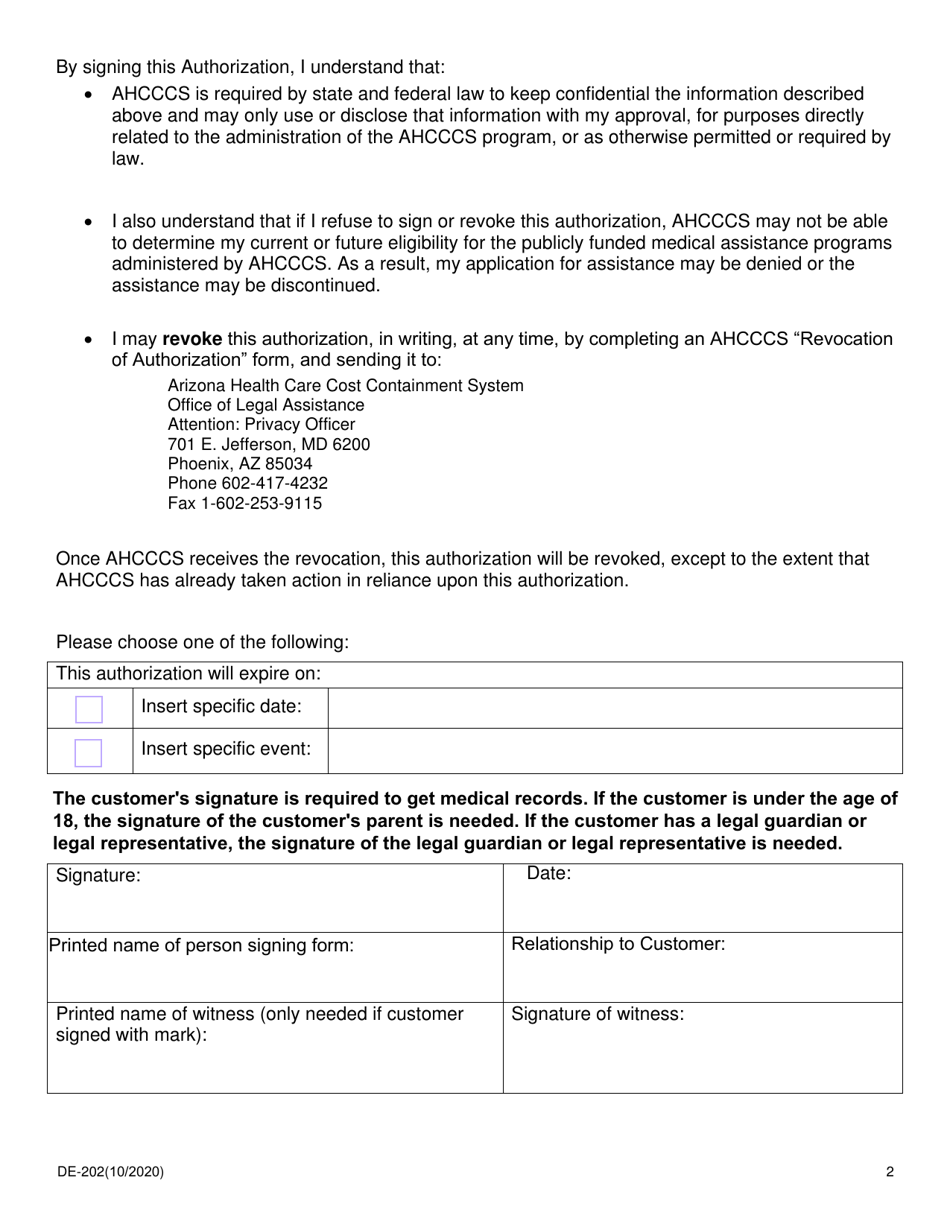 Form DE-202 Authorization to Disclose Protected Health Information to Ahcccs - Arizona, Page 2