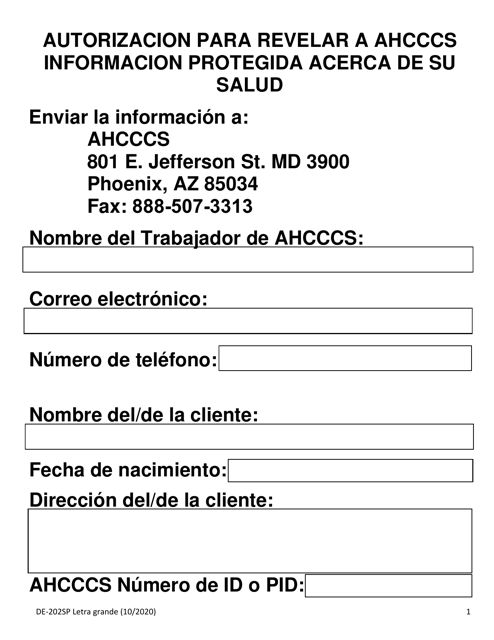 Formulario DE-202SP Autorizacion Para Revelar a Ahcccs Informacion Protegida De Su Salud - Letra Grande - Arizona (Spanish)