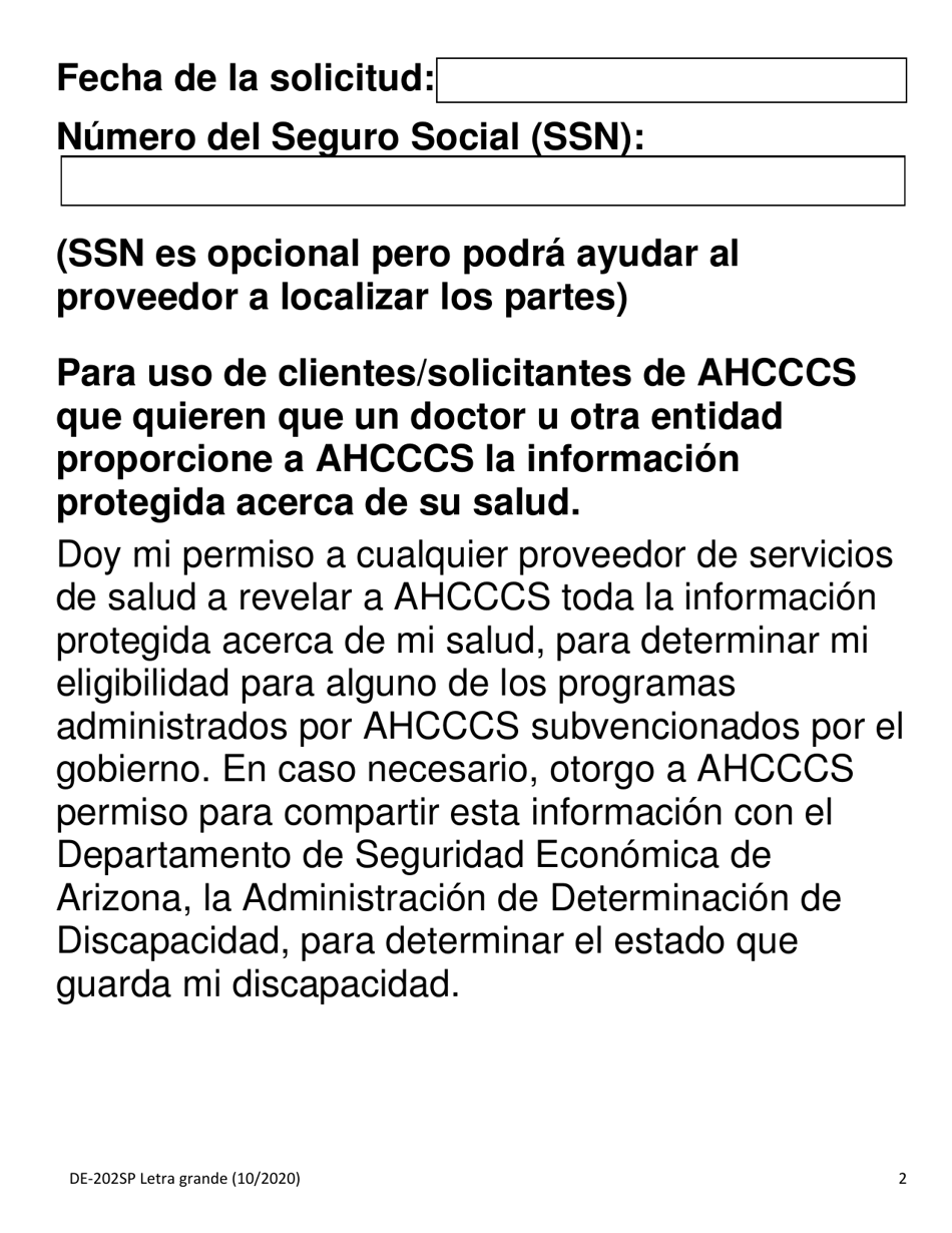 Formulario DE-202SP Autorizacion Para Revelar a Ahcccs Informacion Protegida De Su Salud - Letra Grande - Arizona (Spanish), Page 2
