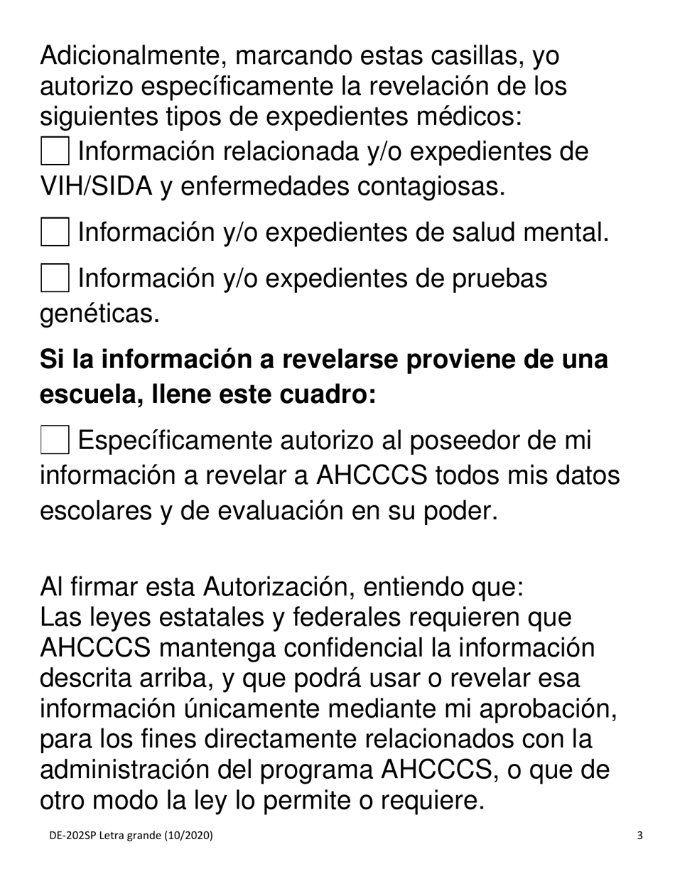 Formulario DE-202SP Autorizacion Para Revelar a Ahcccs Informacion Protegida De Su Salud - Letra Grande - Arizona (Spanish), Page 3