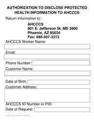 Document preview: Form DE-202 LARGE PRINT Authorization to Disclose Protected Health Information to Ahcccs - Arizona