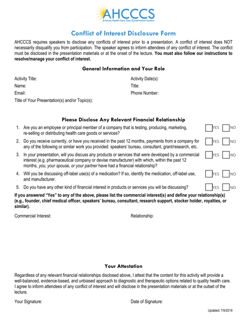Conflict of Interest Disclosure Form - Arizona Download Pdf