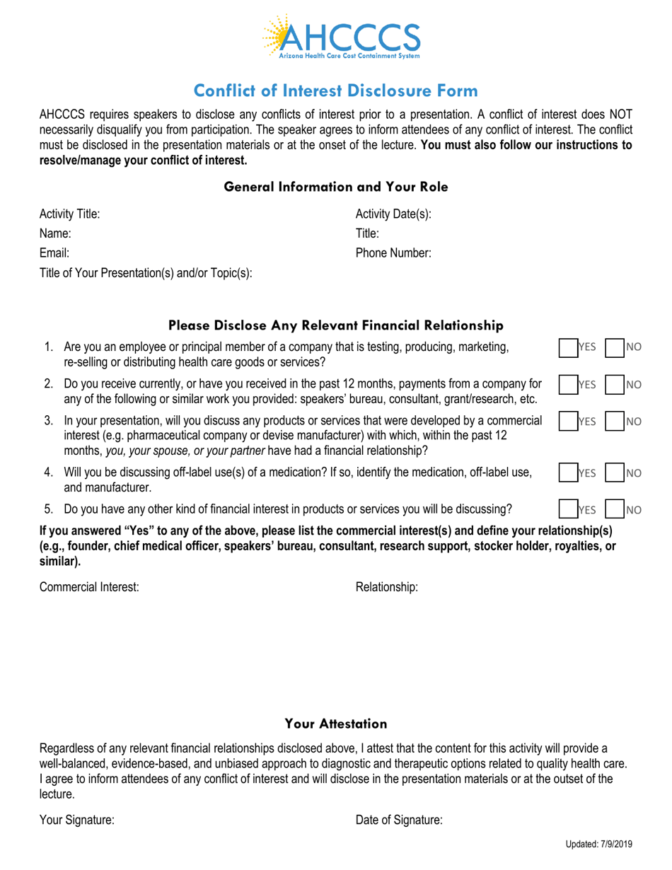 Conflict of Interest Disclosure Form - Arizona, Page 1