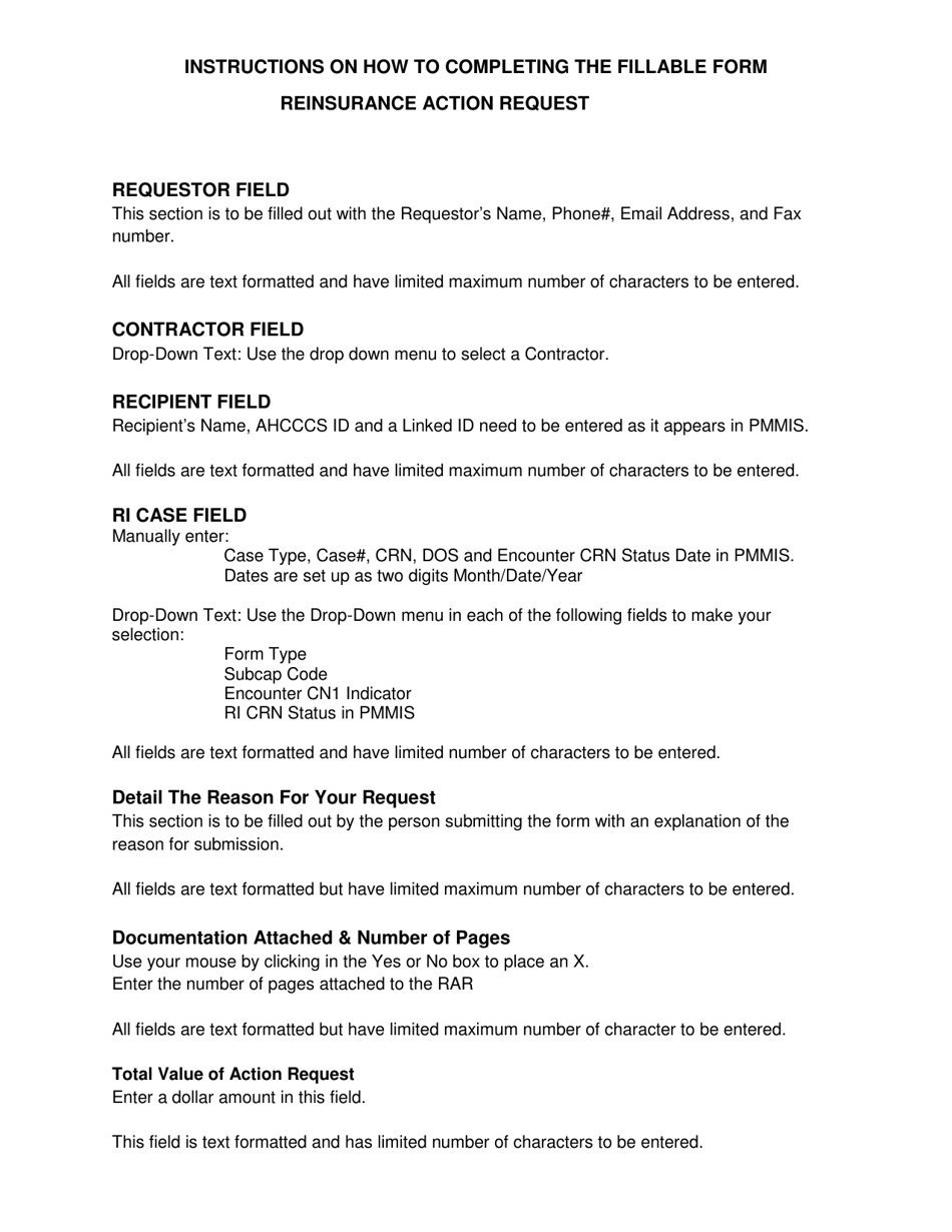 Instructions for Reinsurance Action Request Form - Arizona, Page 1