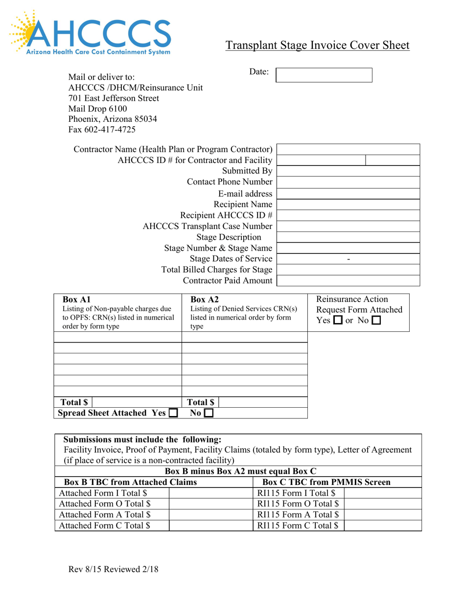 Transplant Stage Invoice Cover Sheet - Arizona, Page 1