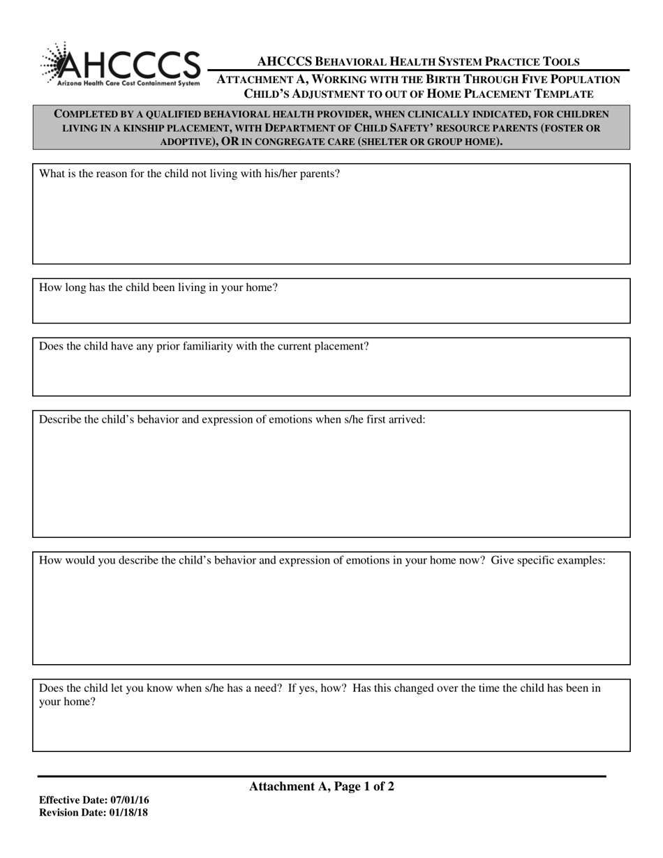 Attachment A Childs Adjustment to out of Home Placement Template - Arizona, Page 1