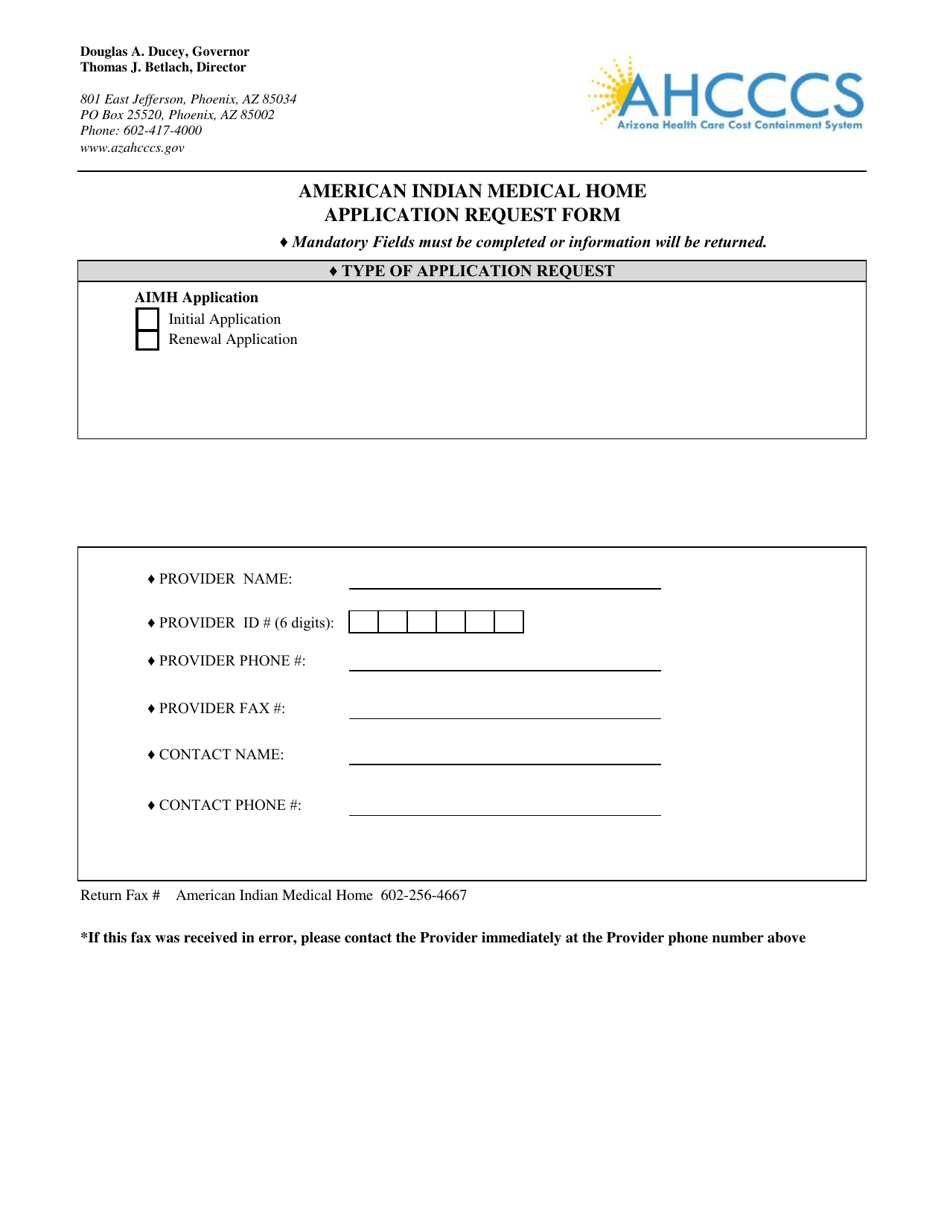 American Indian Medical Home Application Request Form - Arizona, Page 1