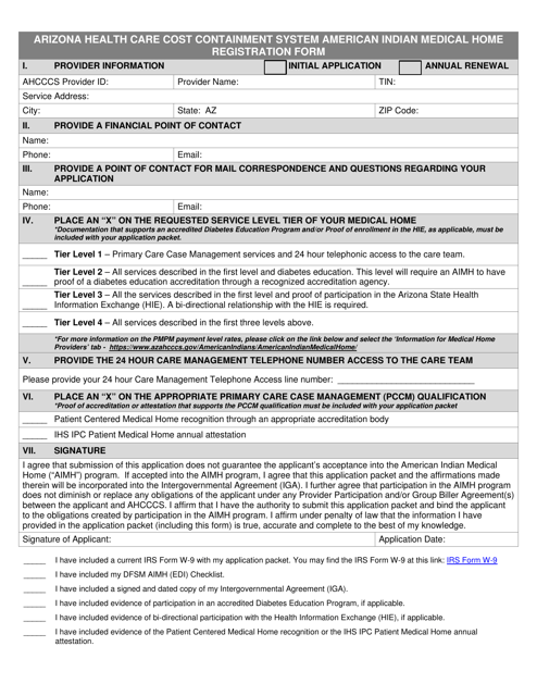 Arizona Health Care Cost Containment System American Indian Medical Home Registration Form - Arizona Download Pdf