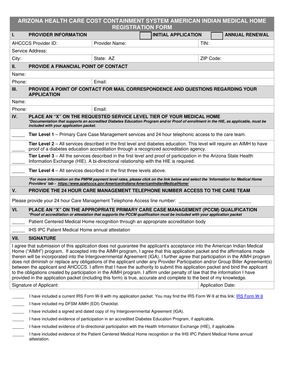 Arizona Health Care Cost Containment System American Indian Medical Home Registration Form - Arizona, Page 1