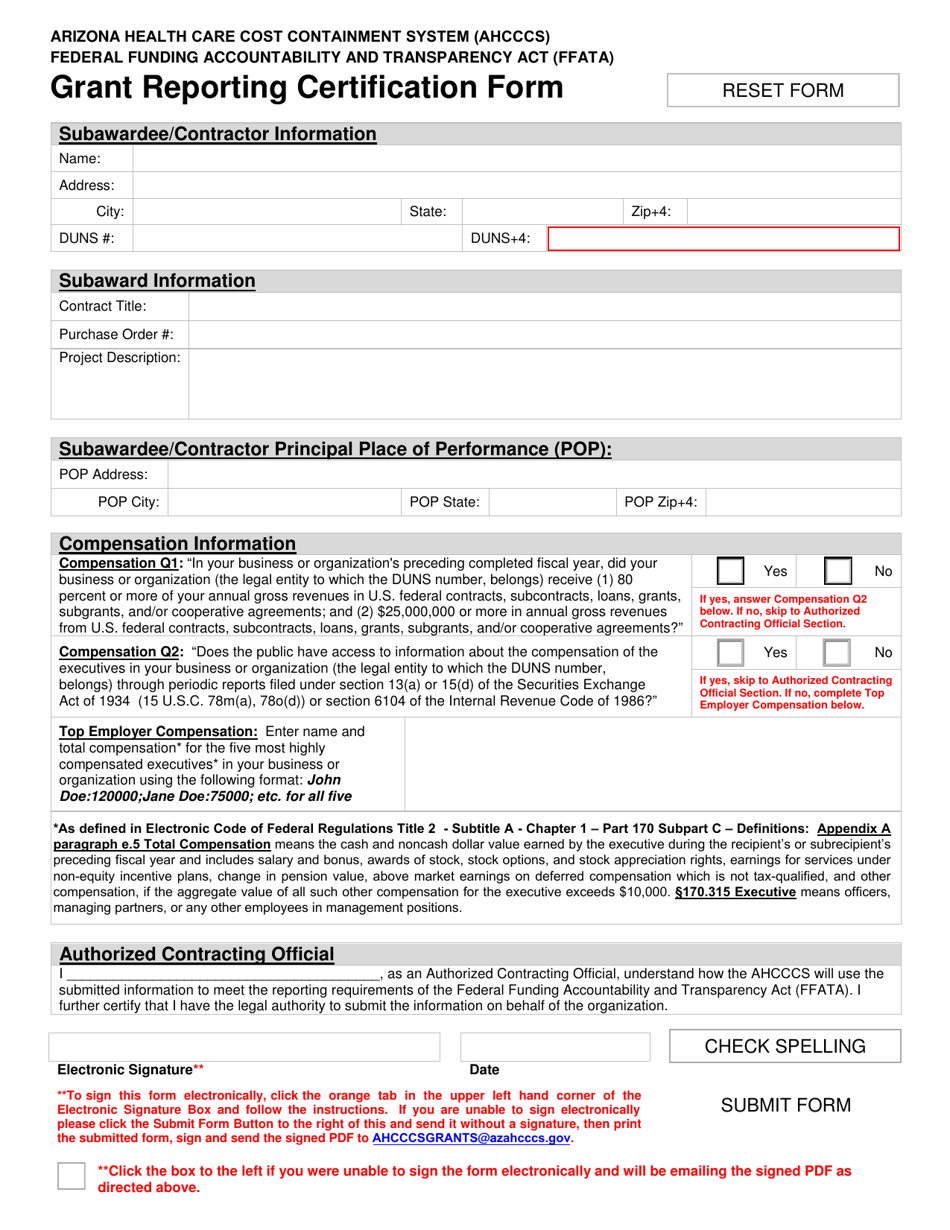 Federal Funding Accountability and Transparency Act (Ffata) Grant Reporting Certification Form - Arizona, Page 1