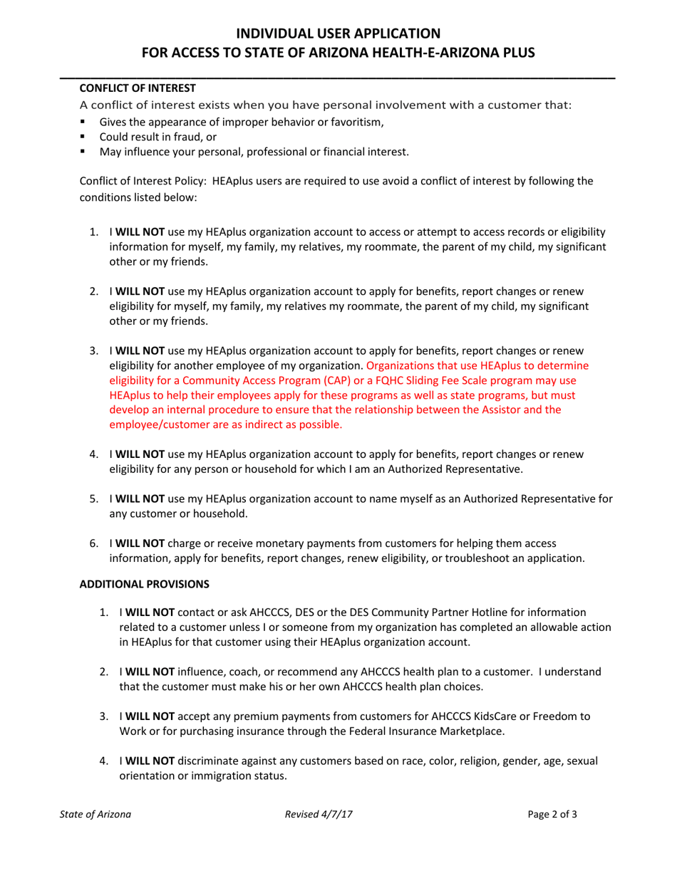 Individual User Application for Access to State of Arizona Health-E-arizona Plus - Arizona, Page 2